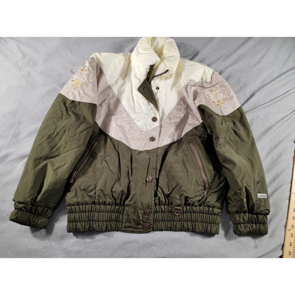 Vtg 80s Fera Skiwear ski jacket Embroidered full zip Button women's 8